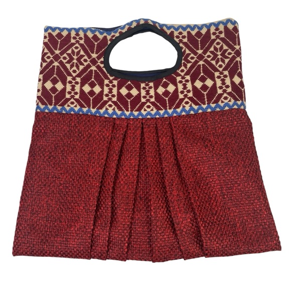 Boho Embroidered Tweed Hobo Hand Bag Pleated Burnt Red Orange Blue - Picture 3 of 6